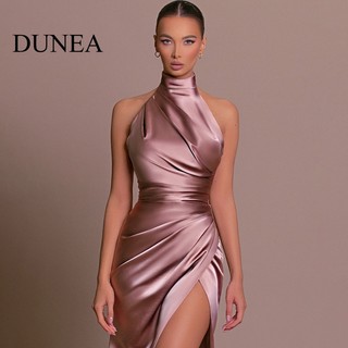 Dunea đầm maxi satin cổ đứng xẻ tà thanh lịch cho nữ