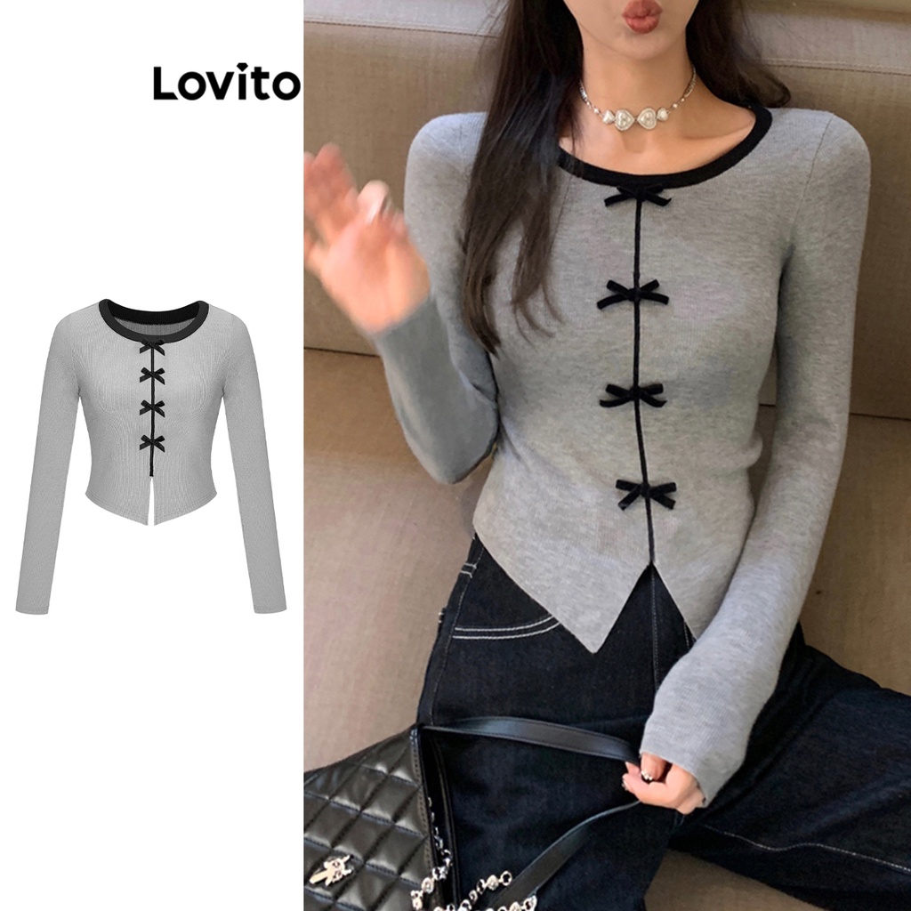 Lovito Áo thun trơn màu trơn có nơ phía trước dành cho nữ L67AD026 (Xám)