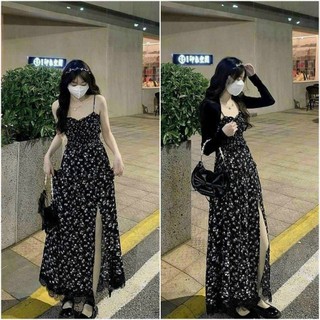 Đầm váy nữ hai dây nền hoa nhí váy vải lụa Ý xẻ tà kèm áo khoác ngoài dịu dàng thanh lịch NHƯ Ý