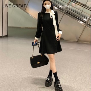 Đầm Đen Dáng Ngắn Ôm Eo Đính Nơ Phong Cách Pháp Thời Trang Thu Đông Cho Nữ