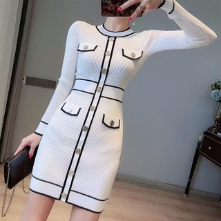 Đầm Dệt Kim Tay Dài Cổ Tròn Dáng Ôm Thời Trang Mùa Thu Hàn Quốc Cho Nữ