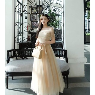Đầm Dự Tiệc Cúp Ngực Phối Tơ Lưới Choàng Chéo Vai Maxi Dáng Xòe Tiểu Thư Sang Chảnh 