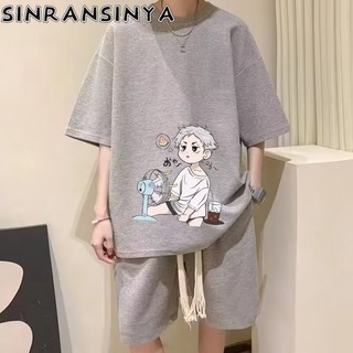 Sinransinya set Quần Short 5 / 4 Tay Lửng In Nhân Vật Hoạt Hình Phong Cách retro Đường Phố Mỹ Trọng Lượng Nặng Cho Nam