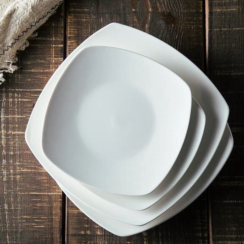 Pure white creative ceramic steak plate Western food plate, household dish plate Square plate Flat p