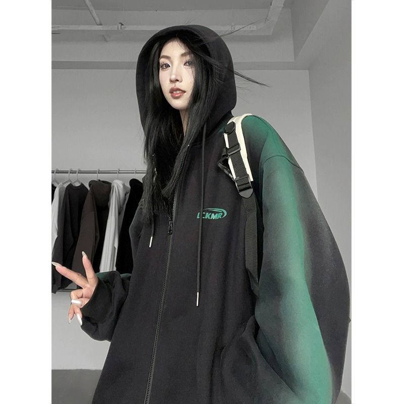 Áo Khoác cardigan Có Mũ Trùm Màu gradient Xanh Lá / Đen Phong Cách Đường Phố Mỹ Thời Trang Mùa Xuân Cho Bạn Gái 00y1