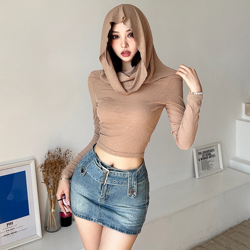 Áo Thun crop Top Có Mũ Trùm Tay Dài Mềm Mại Màu Trơn Đơn Giản Thời Trang Mùa Thu Phong Cách Hàn Quốc Cho