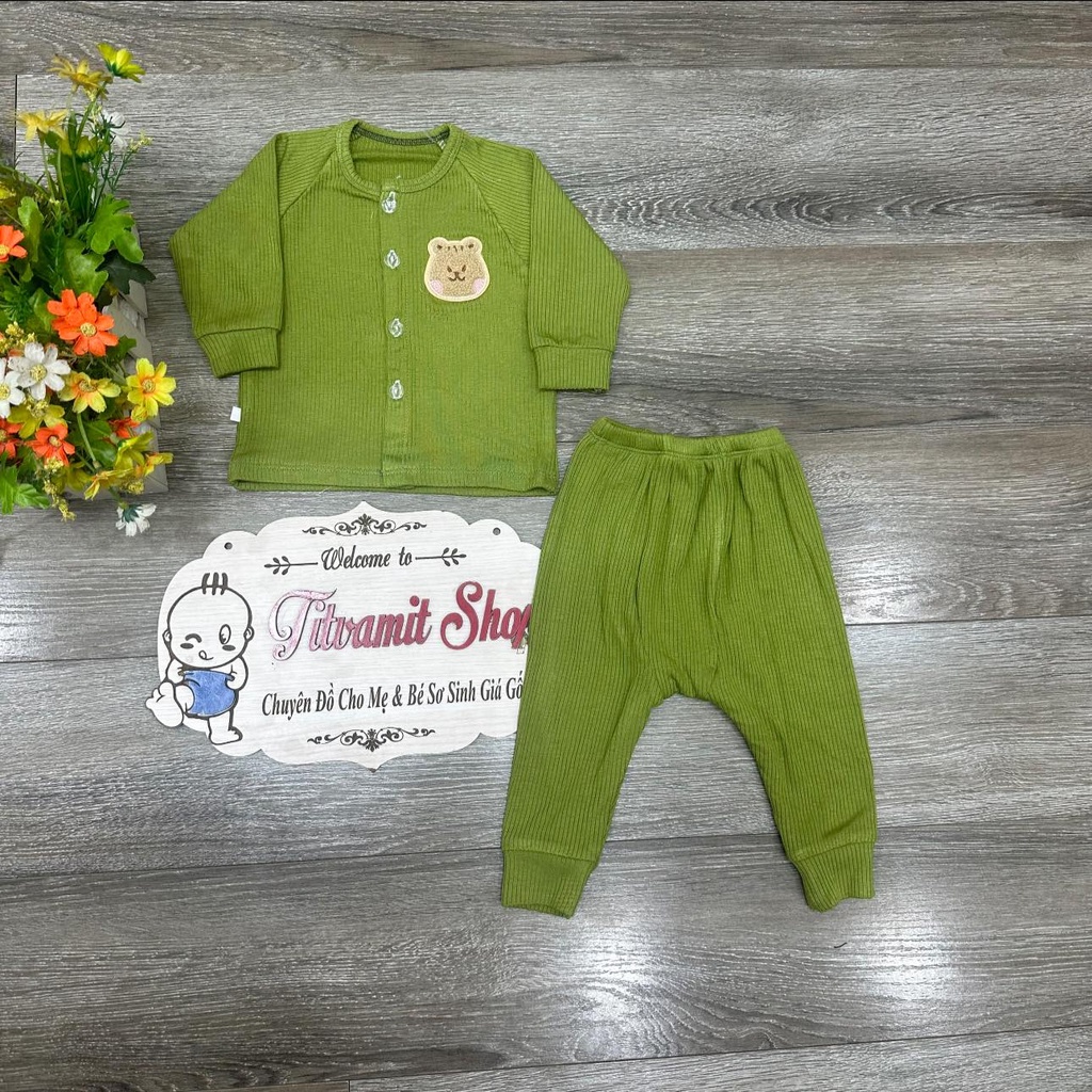 Bộ dài vải len tăm cúc giữa hình mèo cho bé mặc thu đông