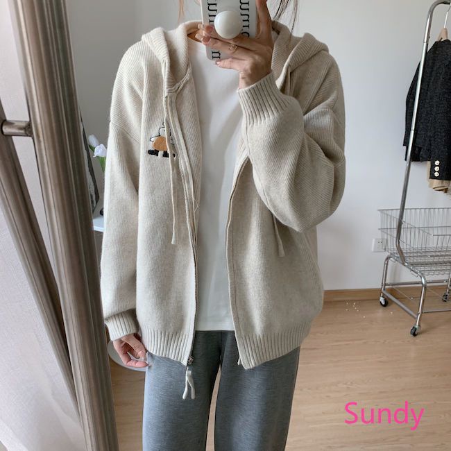 Plus Áo Khoác cardigan Dệt Kim Phối Khóa Kéo Thêu Hình Thỏ Xinh Xắn Cho Nữ