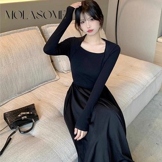 MOLASOME Đầm Nữ thời trang màu trơn cổ tròn tay dài midi