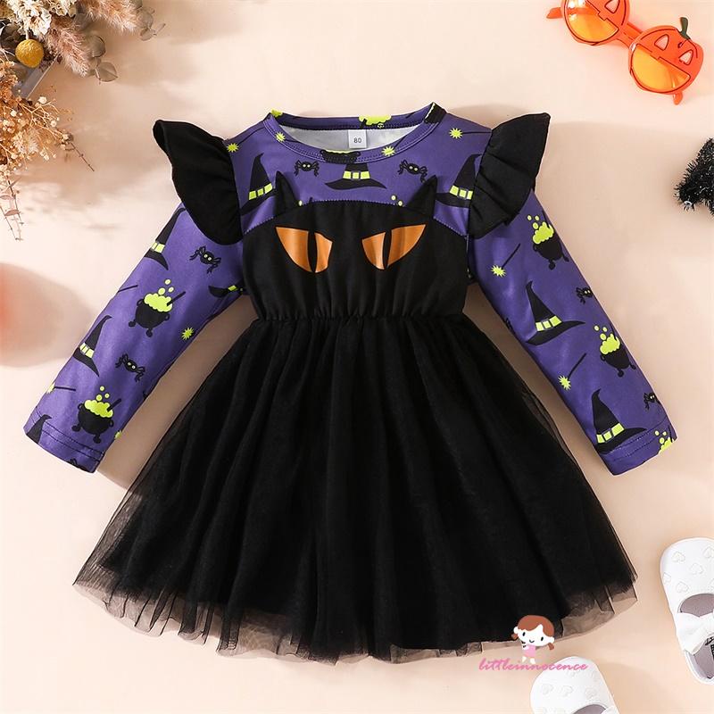 Đầm Xòe Chữ a Tay Dài Cổ Thuyền In Họa Tiết halloween Cho Bé Gái