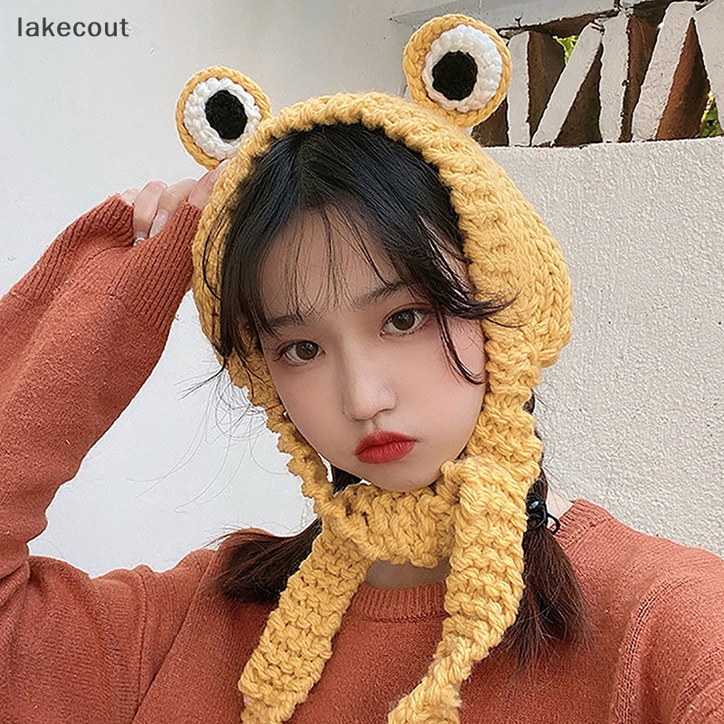 Lat Mũ beanie Dệt Kim Đính Chú Ếch Mắt To Màu Xanh Lá Cây Giữ Ấm Che Tai Thời Trang hye