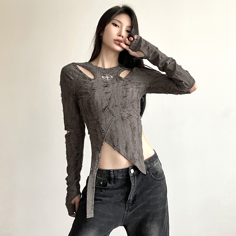 Klalien Áo Croptop Tay Dài Thiết Kế Khoét Lỗ Đơn Giản Phong Cách vintage Cho Nữ Mới
