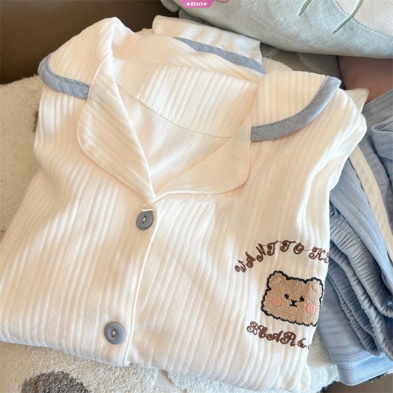 Bộ Đồ Ngủ Tay Dài In Hình Gấu Dễ Thương Phong Cách Nhật Bản