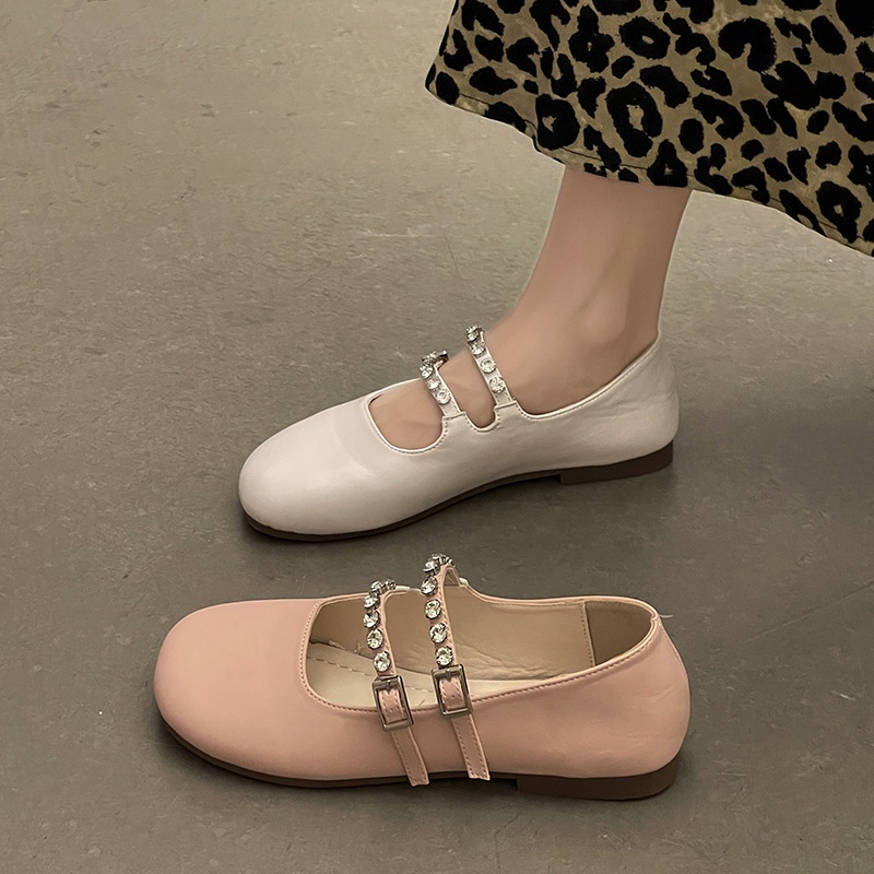 One more shoes⭐Giày Da Mũi Tròn Màu Trơn Đính Đá Phong Cách Hàn Quốc Cho Nữ