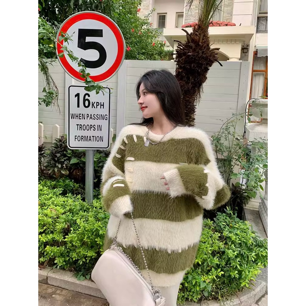 Áo sweater Dệt Kim Vải Lông Cừu Dày Dặn Họa Tiết Kẻ Sọc Thời Trang Thu Đông 2023 Cho Nam Và Nữ