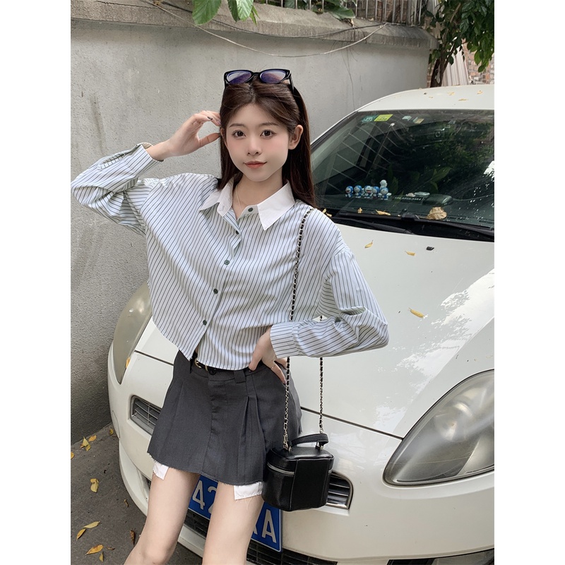 Mới Áo Sơ Mi Tay Dài Phối Màu Tương Phản Thời Trang Cho Nữ