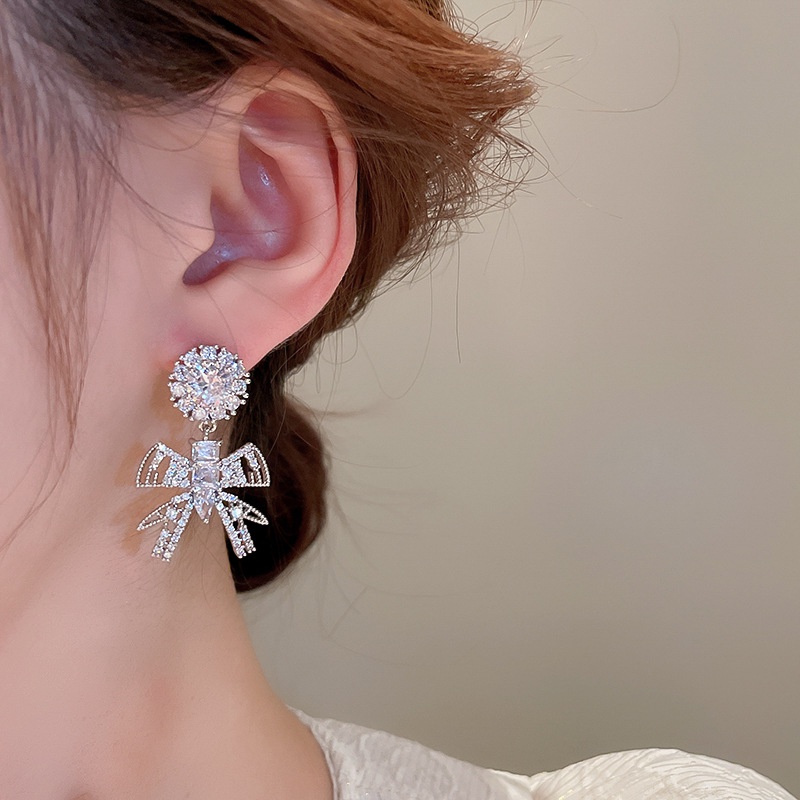 Bông Tai Mạ Bạc 925 Hình Nơ Đính Đá zircon Sang Trọng Phong Cách Hàn Quốc