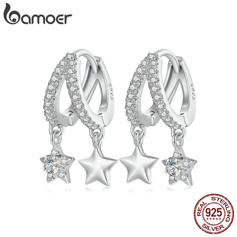 BAMOER Bông Tai Xi Bạc 925 Đính Đá Lấp Lánh