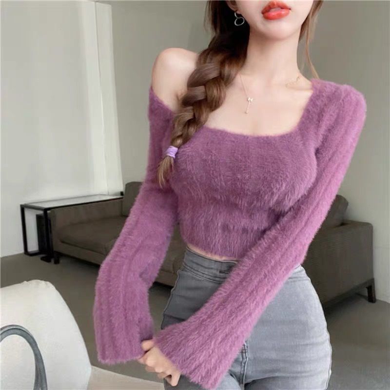 YAMI Áo sweater Dệt Kim Tay Loe Dài Cổ Vuông Thời Trang Cho Nữ