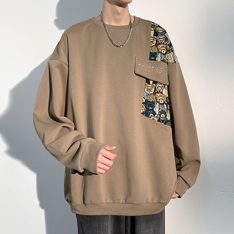 Áo sweater Cổ Tròn Tay Dài Dáng Rộng Thêu Hình Gấu Kiểu vintage Thời Trang Mùa Thu Cho Nam