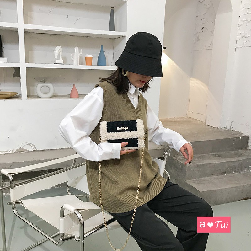 Túi xách tự đan lông xù đeo vai cá tính túi handmade