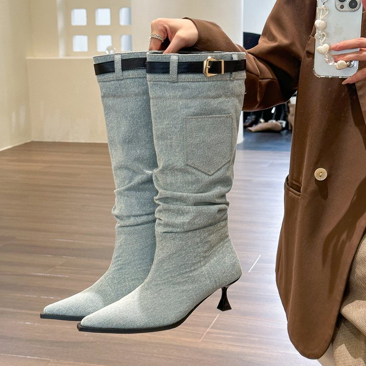 Giày Bốt Cao Gót Mũi Nhọn Chất Liệu denim size 35-40