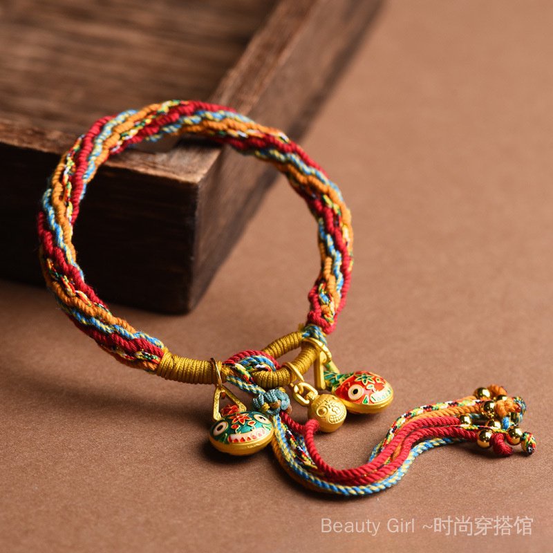 Vòng Tay Dây Thừng cotton Bện Ba Lớp Màu Vàng Phong Cách Trung Hoa Cho Gia Đình