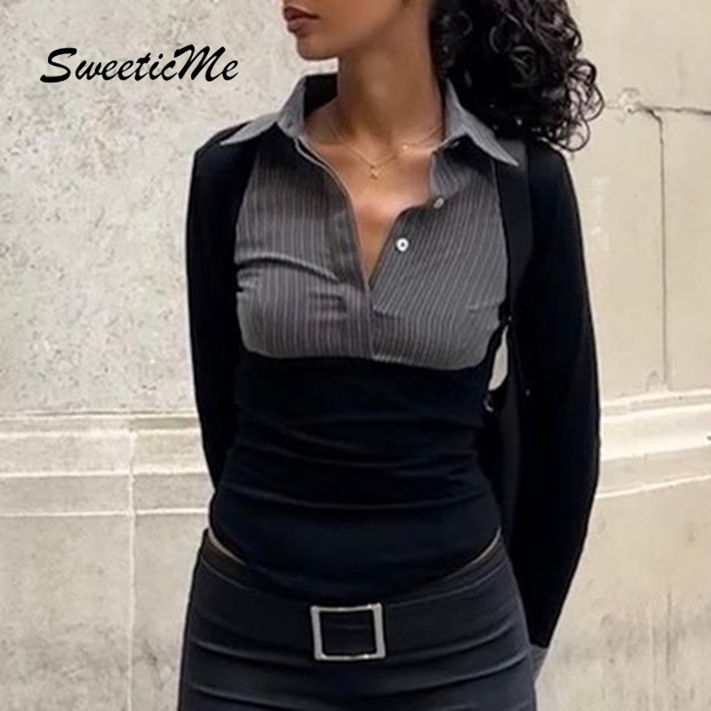 Sweeticme Áo Sơ Mi polo Tay Dài Loe Ôm Dáng Họa Tiết Kẻ Sọc Màu Tương Phản Thời Trang Mới 2023 Dành Cho Bạn Nữ