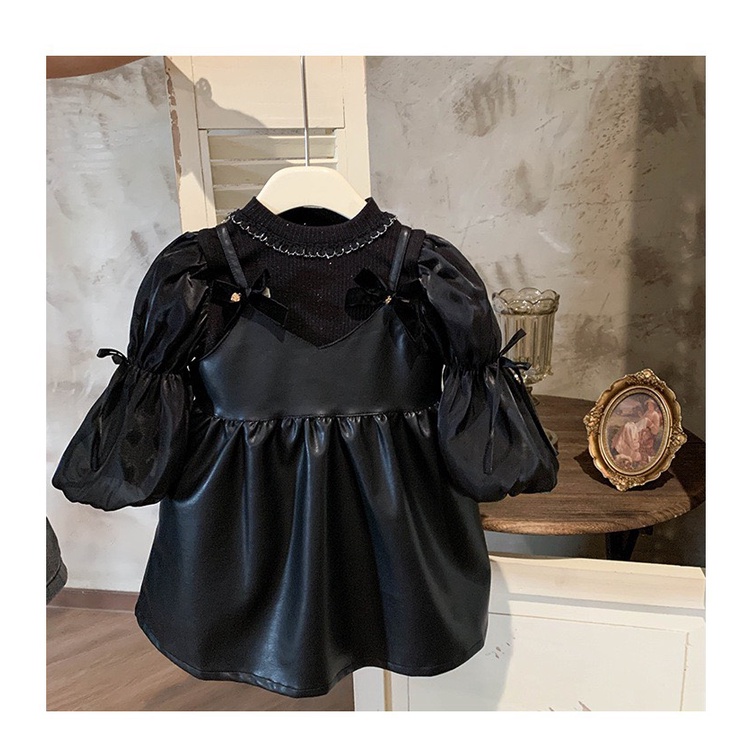 ÁO LEN TAY BỒNG MIX VÁY DA ĐÍNH NƠ PHONG CÁCH CHO BÉ- HÀNG QCCC