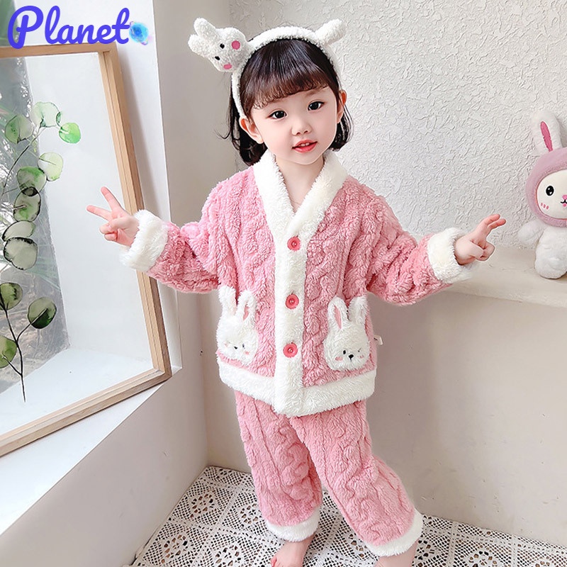 Planet Bộ Đồ Ngủ Bằng Vải flannel Phối Nhung Dày Thời Trang Mùa Đông Cho Bé Gái