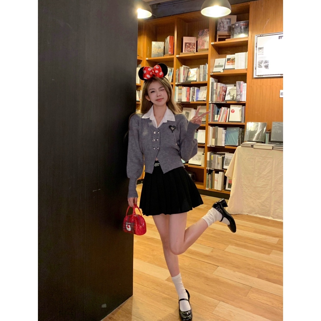 LIVE GREAT Set Áo Len polo Tay Dài Và Chân Váy Ngắn Thời Trang Thanh Lịch Dành Cho Nữ