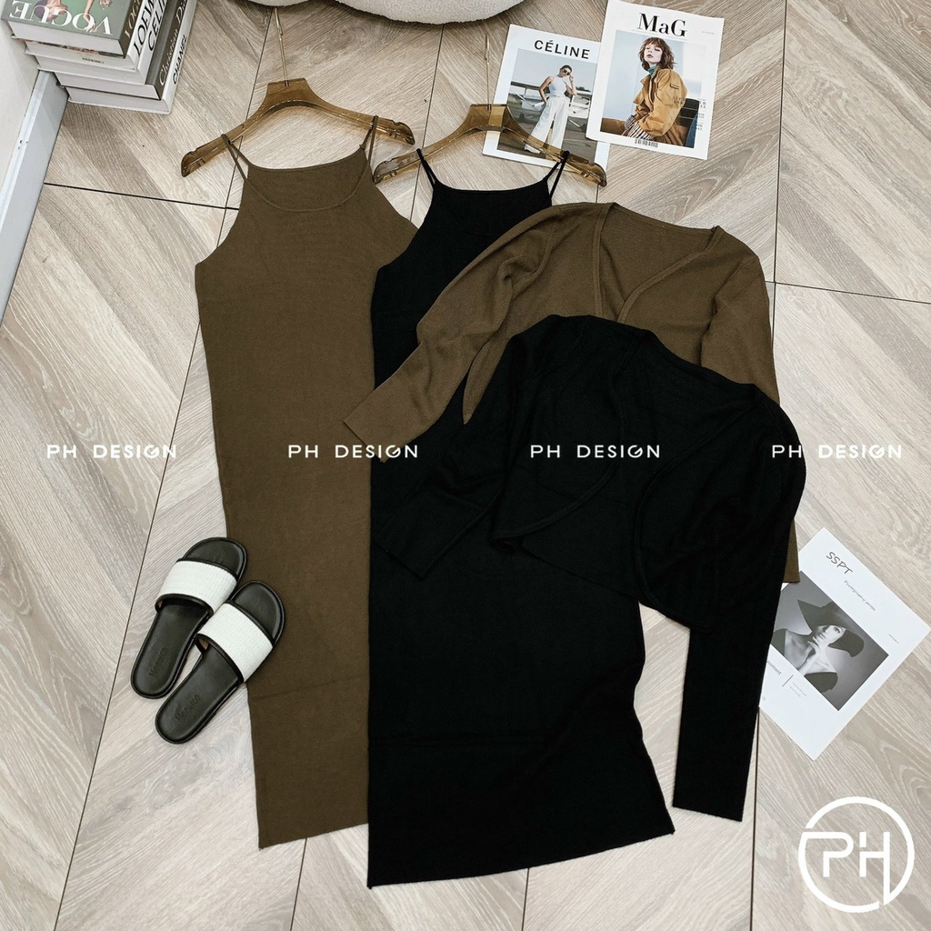 Set váy len 2 dây kèm áo cardigan chất siêu đẹp hàng QC