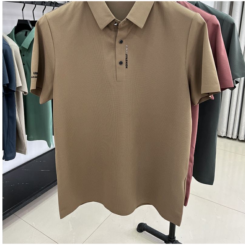 Áo Thun polo Ngắn Tay Vải Lụa Mát Phong Cách retro hong kong Cho Đàn Ông Trung Niên