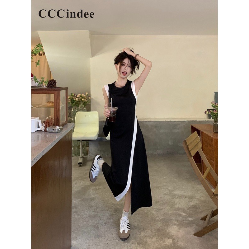Đầm Dài Cổ Tròn Dáng Rộng Phối Màu Tương Phản Thời Trang 2023 Cho Nữ