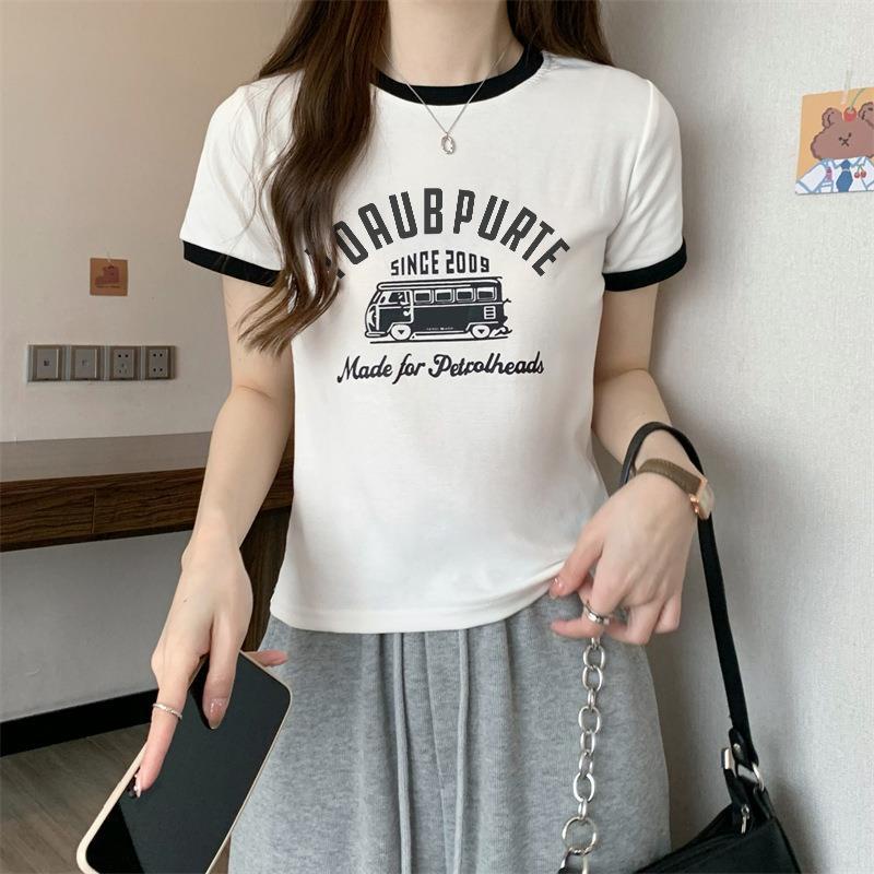 Áo Thun Lụa Sữa Tay Ngắn Cổ Tròn Màu Sắc Tương Phản Phong Cách Mới Cho Nữ