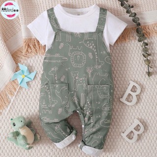Set Đồ 2 Món Gồm Áo In Họa Tiết Động Vật + Quần Yếm Cho Bé Trai 0-3 Tuổi