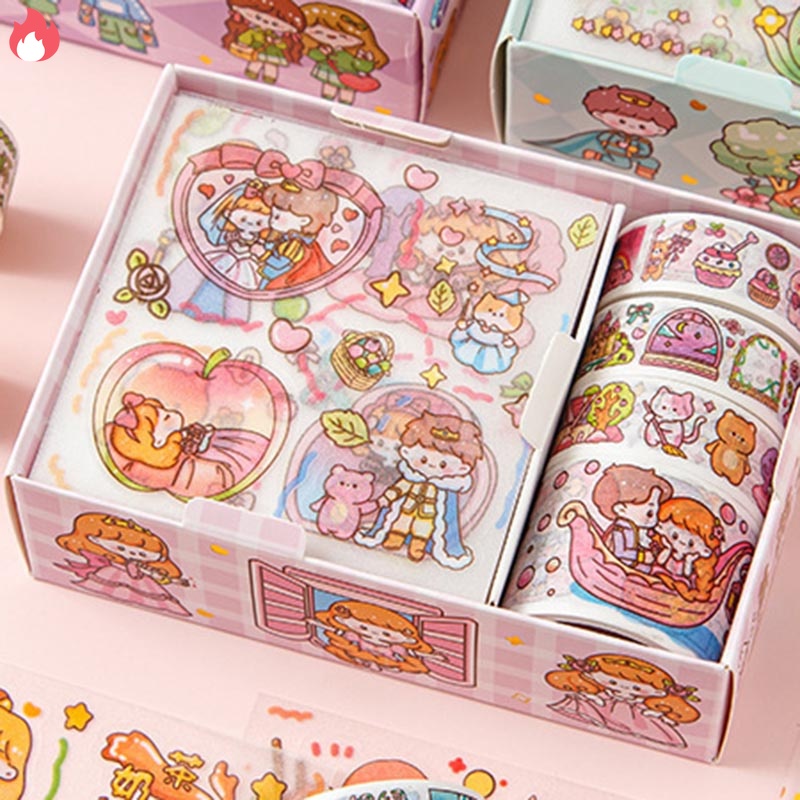 Hộp 8 món băng keo dính Washi tape + sticker dán trang trí sổ lưu niệm DIY hoa tiết hoạt hình cute RYVN