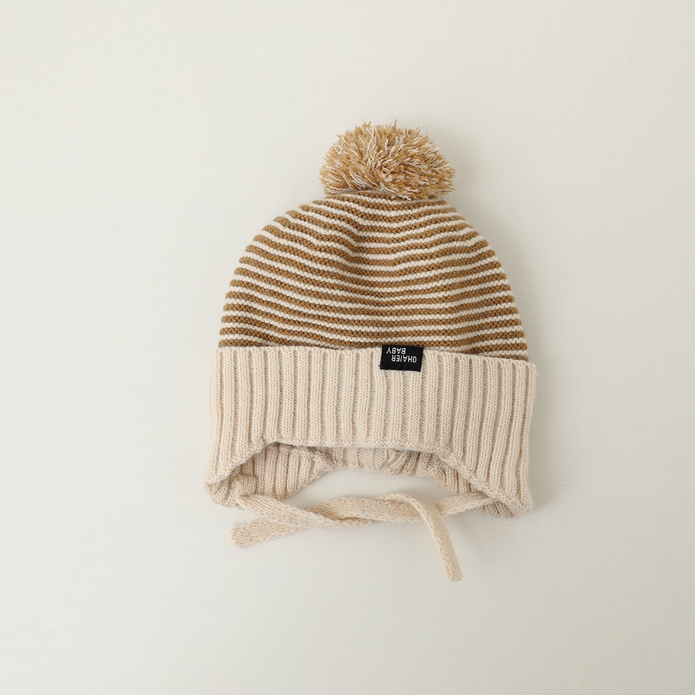 Mũ Len Dệt Kim Giữ Ấm Tai Họa Tiết Kẻ Sọc Đính Quả Bông Dễ Thương Thời Trang Thu Đông Cho Bé