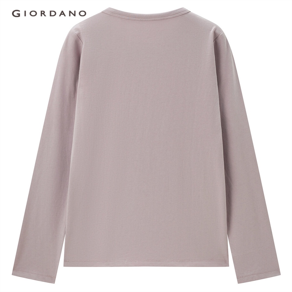 Áo thun GIORDANO 13322882 tay dài cổ tròn màu trơn vải cotton 100% phong cách trẻ trung thường ngày cho nữ