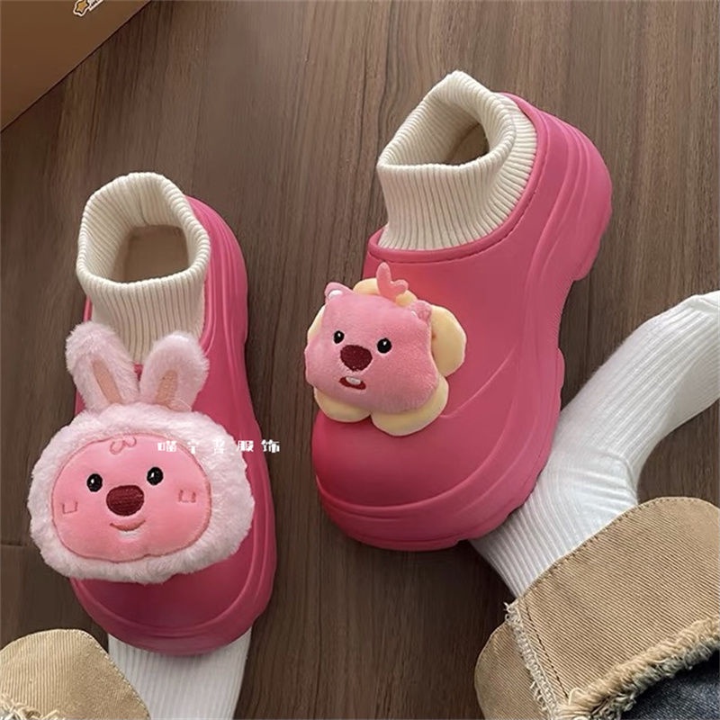 Dép Bông Bông Đi Trong Nhà Đế Dày Ấm Áp Màu Đỏ Đào Trắng Đen