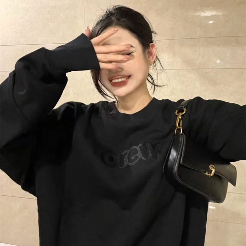 3JHW drew round neck sweater men's black embroidered letters loose American fashion brand spring and autumn niche design sense stitching top