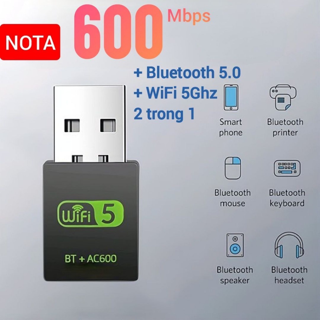 USB WiFi Bluetooth 5.0 - Card WiFi + râu dài giúp hút sóng WiFi cho PC 5Ghz 1300Mbps cho Máy bàn PC Laptop