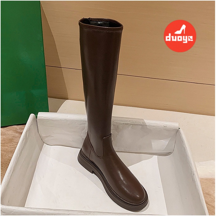 Duoya Tóc Thẳng ~  Giày Bốt Cao Đến Đầu Gối Dày Dặn Không Có Khóa Kéo Mùa Thu Đông Cho Nữ Miễn Phí Vận Chuyển