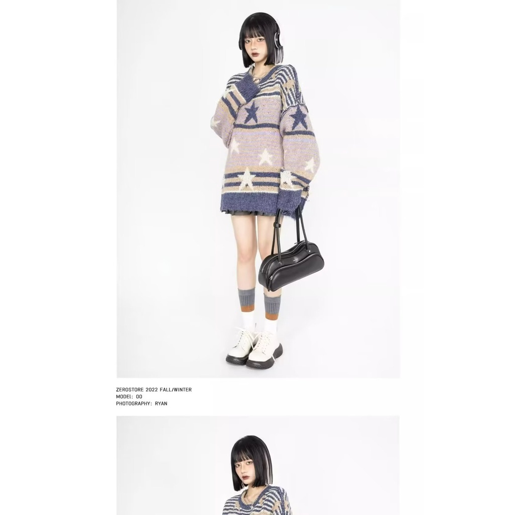 Áo sweater Chui Đầu Dáng Rộng Kẻ Sọc Ngang Phối Hình Ngôi Sao Kiểu retro Mỹ Thời Trang Thu Đông Cho Nam Và Nữ