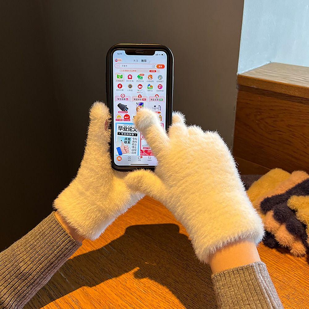 Okdeals Găng Tay Len Dệt Kim Hở Ngón Màu Trơn Ấm Áp Mùa Đông Thời Trang Có Thể Chạm Màn Hình Cảm Ứng Dành Cho Bạn Nữ