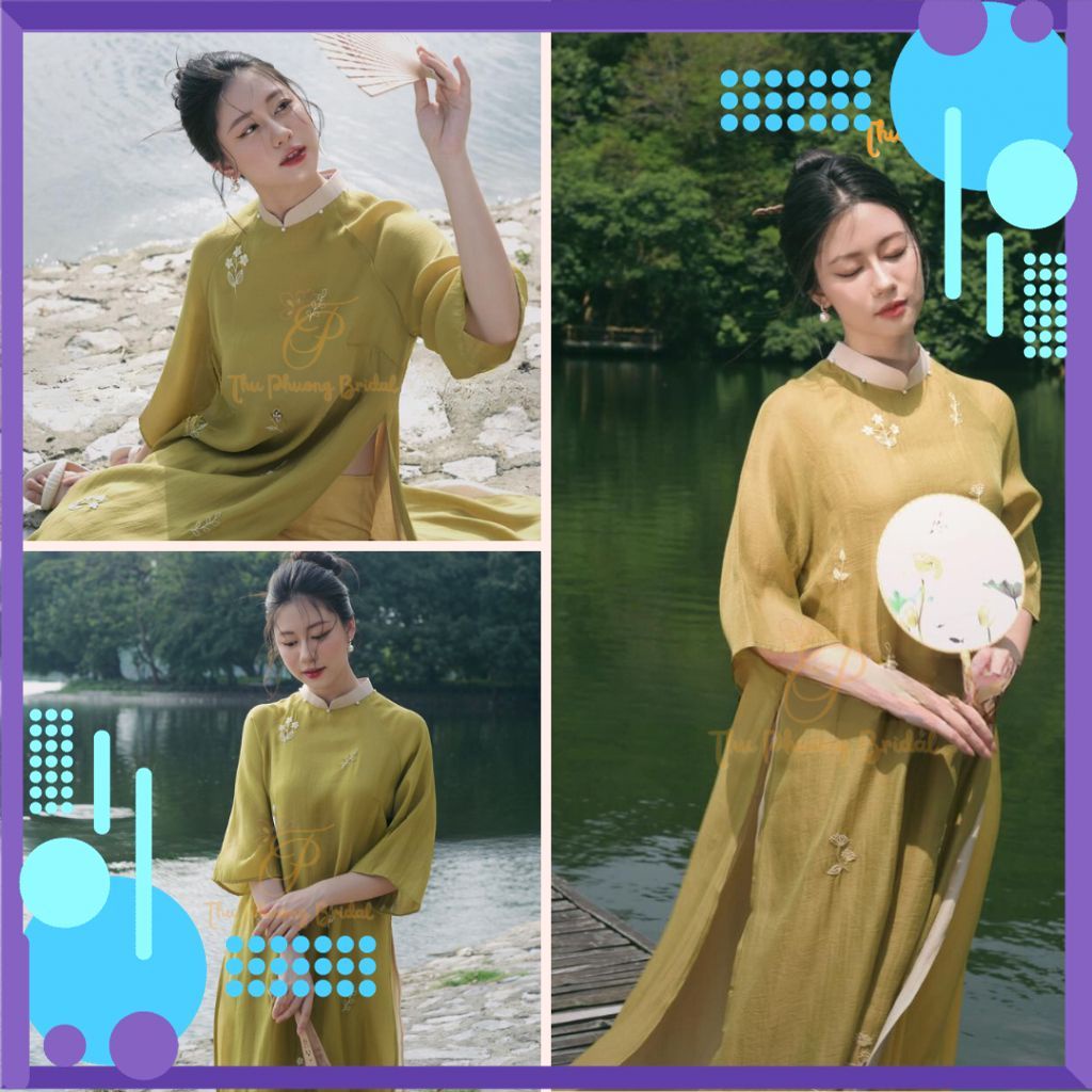 Áo Dài Cách Tân nữ truyền thống  Yên Chi thêu hoa lụa 4 tà may sẵn cao cấp giá xưởng