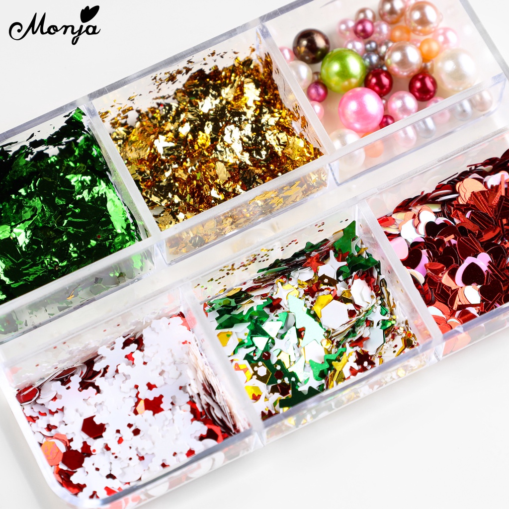 Monja Hộp Lá Nhôm 6 Ngăn Đựng Hạt Kim Sa Hình Hoa Tuyết / Trái Tim Nhiều Màu Sắc Trang Trí Móng Nghệ Thuật diy