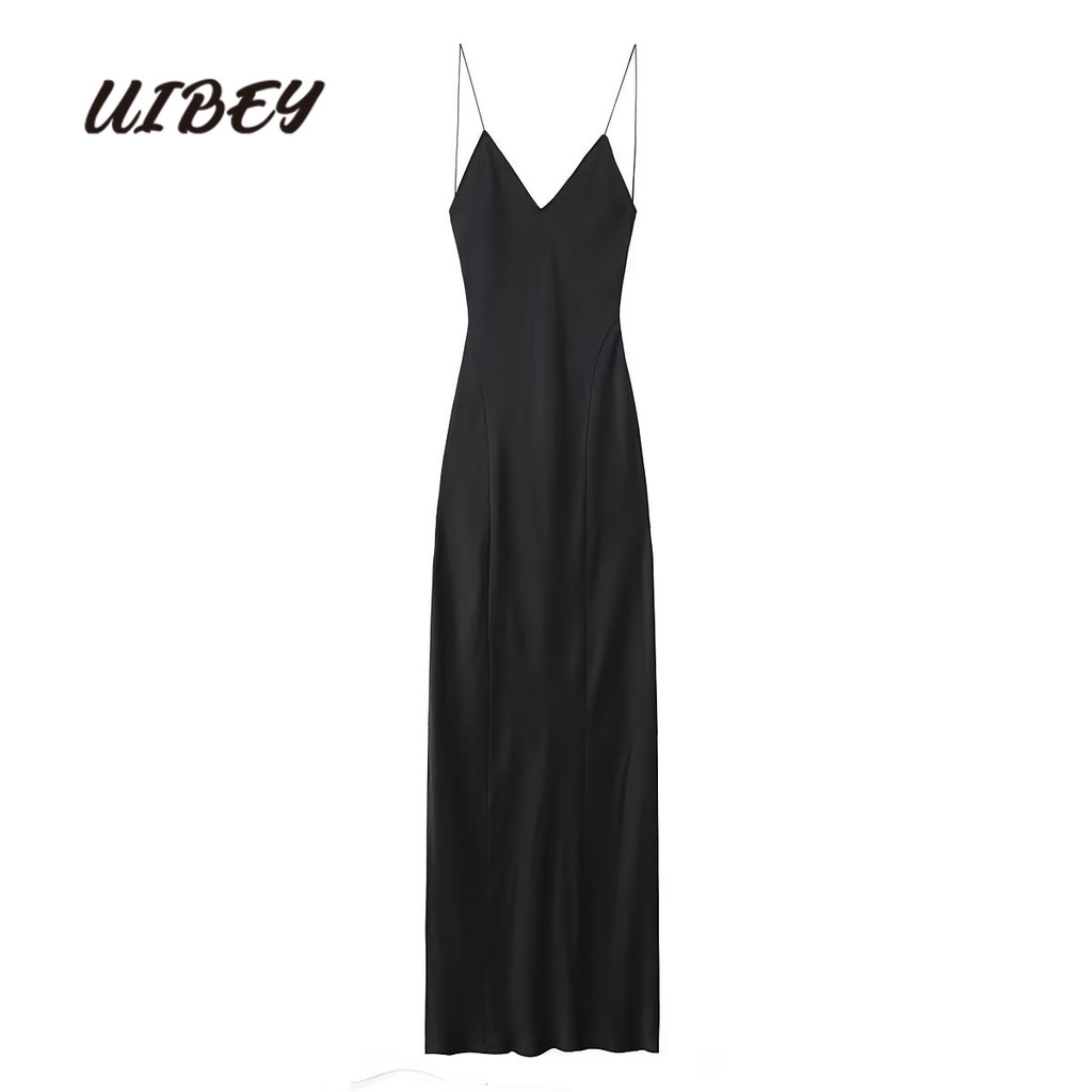 Đầm Lụa Đen Hở Lưng Thời Trang uibey 2213