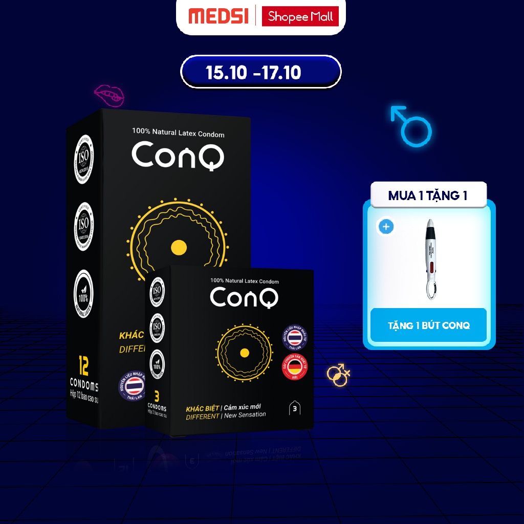 Bao cao su siêu mỏng CONQ khác biệt gân gai làm tăng hưng phấn, giữ lửa cuộc yêu size 52mm hộp 12 bao