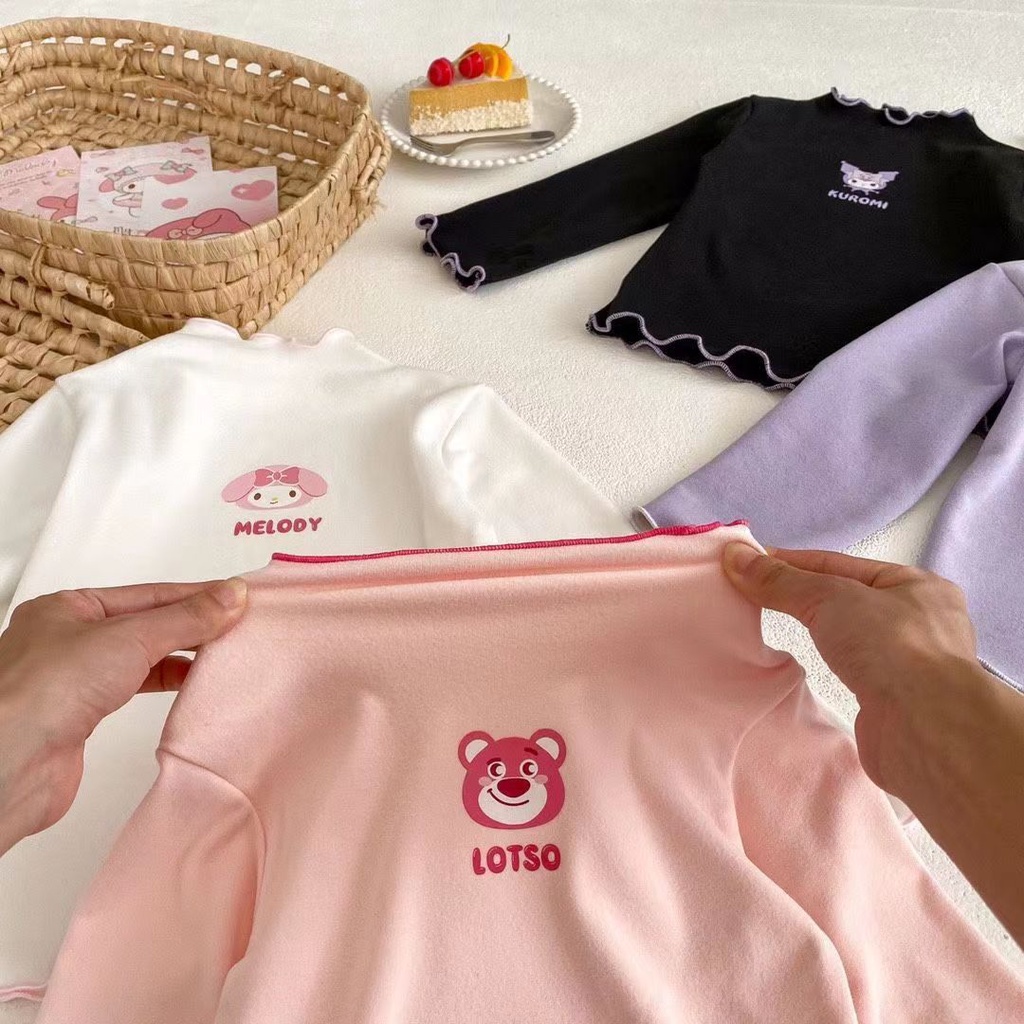 Áo Thun Tay Dài Cổ Cao 90-140cm In Họa Tiết Hoạt Hình Dễ Thương Thời Trang Xuân Thu Cho Bé Gái